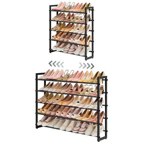 FAVOOSTY 3-Tier Expandable Shoe Rack, Adjustable Shoe Shelf Storage Organizer Space Saving Metal Free Standing Shoe Rack for Entryway Closet Doorway, Silver Grey (Black, 5 Tier) - color: Black, size: 5 Tier