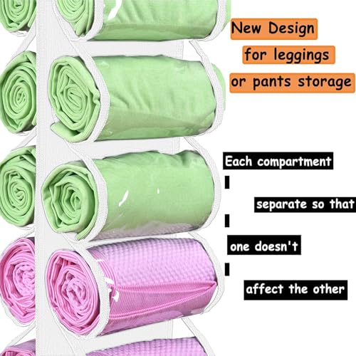Legging Storage Bag Hanger - Can Hold 24 Leggings, Shirts or Jeans - Foldable Clothes Organizer, Portable Closet Roll Holder (White) - color: White