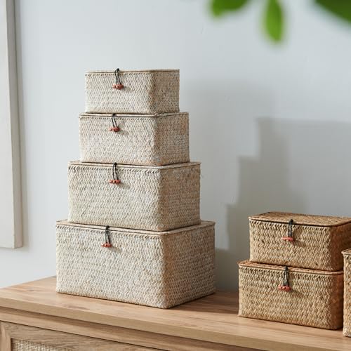 4 Pack, Wicker Baskets with Lids, Nautral Seagrass Storage Baskets, Wicker Storage Baskets for Organizing, Rustic Rectangular Storage Basket, Rattan Storage Organizer for Shelf Whitewash - color: Whitewashed (Set of 4)