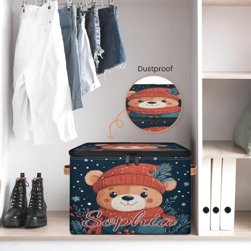 Custom Storage Basket with Name, Personalized Storage Bins with Zipper Lid, Foldable Fabric Storage Box Large capacity with Handle Red Hat Scarf Bear - color: Option 14