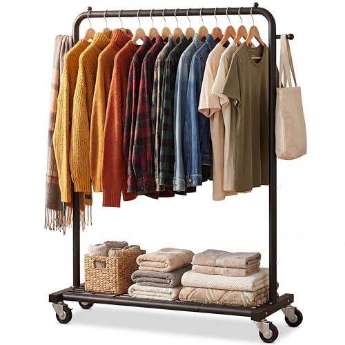 Sywhitta Clothing Rack on Wheels with Mesh Storage Shelf & Sturdy Metal Frame, Rolling Garment Rack for Hanging Clothes, Coats, Skirts, 39.76" L x 16" W x 64.56" H,Black - color: Black