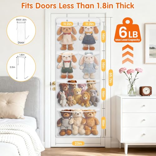 SpaceHacks Stuffed Animal Storage - Large Over the Door Organizer with 6 Expandable Mesh Pockets & Metal Hooks, Non-Woven Fabric Hanging Plush Items Holder for Nursery, Bedroom, Playroom (White) - color: White