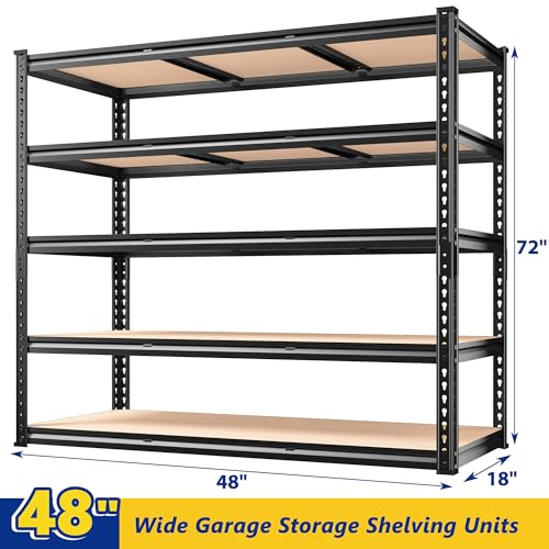 REIBII 48" W Garage Shelving Heavy Duty, 3000LBS Storage Shelves, 5-Tier Adjustable Metal Shelving, Garage Shelves Sturdy Industrial Shelf, Easy Assemble, 72" H x 48" W x 18" D - size: 48" W x 72" H x 18" D