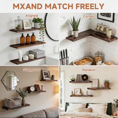 LifetimeWarranty Easy Install Floating Shelves,15.7 Inch Wall Mounted Wooden Floating Shelves, Small Wall Shelf for Storage&Home Decor, Living Room, Kitchen, Office, Corner Shelf for Bathroom,Set of 3 - color: Brown Floating