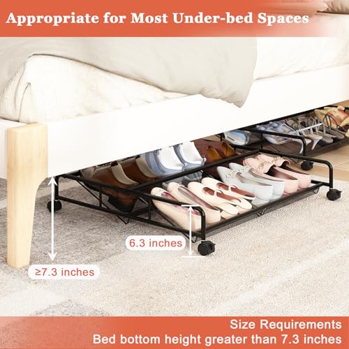 Under Bed Shoe Storage Organizer, 2 Pack Metal Mesh Under Bed Storage Containers with Wheels, Shoe Organizer Drawer Space Saving for Bedroom - size: 2 Pack