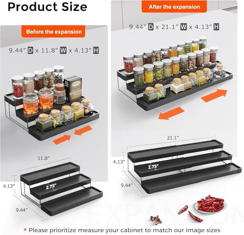 2 Pack Expandable Spice Rack Organizer for Cabinet - 3 Tier Adjustable Cabinet Spice Organizer Easy Visibility - Spice Organizer for Cabinet Countertop Cupboard Pantry Organization (Black) - color: Black -Fits 9.5'' Deep Cabinet, size: 2 Pack