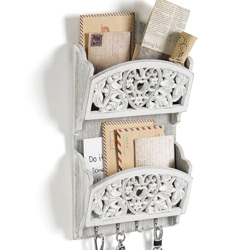 Mail Organizer with Key Holder,2-Slot Mail Holder with 4 Key Hooks for Wall Decorative, Wooden Hanging Organizer for File Letter in Shelf Home Farmhouse Decor for Entryway Office - style: Rustic