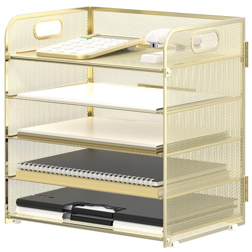 Supeasy 5 Trays Paper Organizer Letter Tray with Handle-Mesh Desk File Organizer, Paper Sorter Desk Organizer for Office, Home or School (Golden) - color: Golden