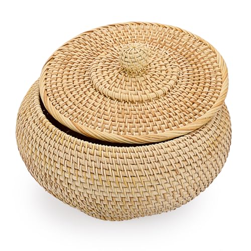 Hipiwe Round Rattan Basket Box with Lid Hand-Woven Wicker Basket Bin Tray Multi-Purpose Picnic Food Bread Storage Basket Decorative Box for Home Bathroom Shelf Organizing, Small - size: Small,7.9"D x 4.1"H