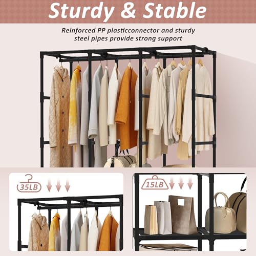 Wardrobe Closet, Quick and Easy Assembly, Black Large Capacity Portable Closet with 3 Hanging Rods 6 Storage Shelves and 8 Side Pockets, Clothes Rack with Cover, for Bedroom and Living Room - color: Black, size: 50 Inch