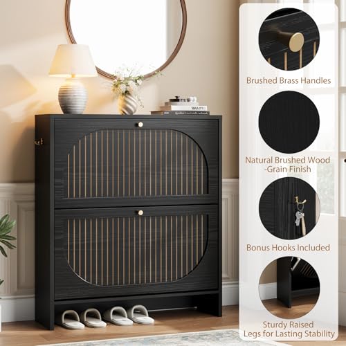Nicetree Arch-Chic Shoe Cabinet for Entryway, Modern Mid-Century Shoe Storage Cabinet with Fluted, Narrow Shoe Rack with Adjustable Shelves & Tipping Protection, Fits Size 12 Shoes,Black - color: Black, style: 2 Flip Drawer - Fluted Arch