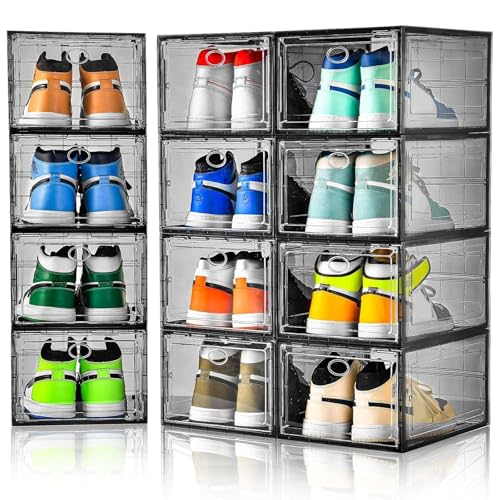 Amllas 12 Pack Shoe Boxes Stackable,Upgraded Sturdy Shoe Storage Boxes with Clear Magnetic Door,Multifunctional Sneaker Storage, Shoe Box Organizer Fit up to US Size 12 Gray(13.8”x 9.84”x 7.1”) - color: Gray, size: 12 Pack