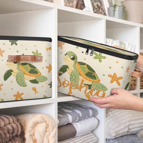 Custom Storage Basket with Name, Personalized Storage Bins with Zipper Lid, Foldable Fabric Storage Box Large capacity with Handle Starfish Turtle - color: Option 26
