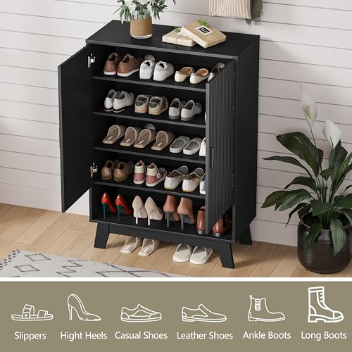 Shoe Cabinet Storage for Entryway, 5 Tier Fluted Shoe Storage Cabinet with Wooden Legs, Narrow Hidden Shoe Organizer with Adjustable Shelves, Freestanding Shoe Rack for Entryway, Hallway, Black - color: Black, size: 5 Tier