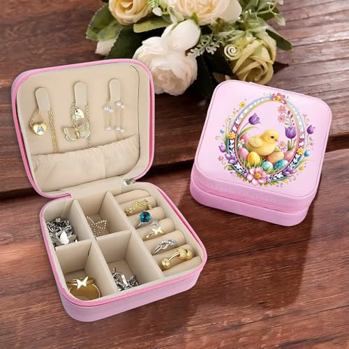 Flower Pattern Portable Print Jewelry Box, 1pcs Pink Compact Jewelry Box Travel Jewelry Case Organizer Bag Storage Box Jewelry Holder For Necklace Earrings Rings Bracelet - color: Easter flower