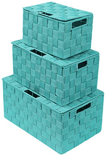 Sorbus Set of 3 Hand-Woven Storage Baskets with Lids – Decorative Wicker Organizers for Home, Closet, or Shelves (Aqua) - color: Aqua