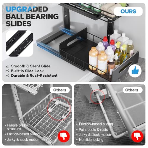 Under Sink Organizer Upgrade To Professional Rails,2-Tier Dual Pull Out Cabinet Storage,Height Adjustable Slide Out Drawers For Bathroom Kitchen,2 Pack-14.5"Dx12.8"-16.9"H,Black - color: Black, size: 2 Pack-14.5"Dx12.8"-16.9"H