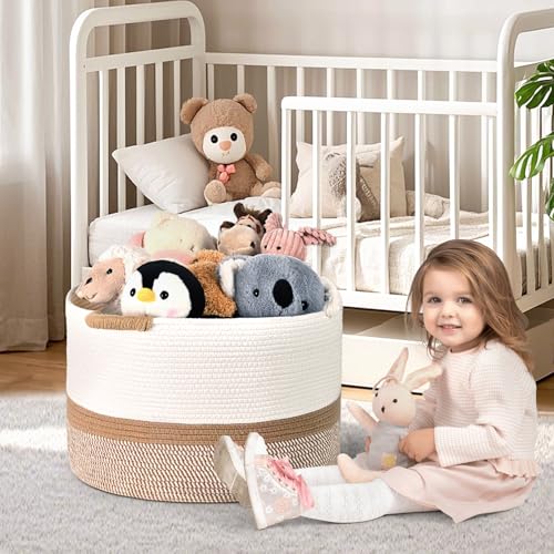 45L Blanket Basket, 17.5"x11.5" Woven Storage Baskets With Handle, Cotton Rope Blanket Basket Living Room, Baby Laundry Basket for Blanket, Nursery, Toy, Pillow (White & Brown) - color: White & Brown, size: 45L