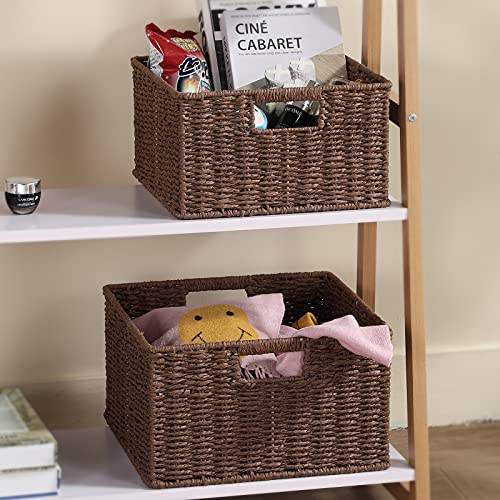 HOONEX Storage Baskets for Organizing, Decorative Round Paper Rope Woven Baskets for Storage with Carrying Handles, Set of 2, Dark Brown - color: Dark Brown, size: 13 x 13 x 7.5 inches