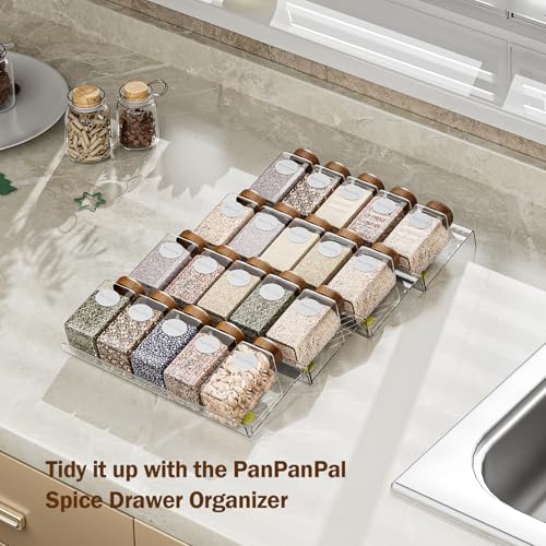 PanPanPal Spice Drawer Organizer, 4 Pack Clear Seasoning Organizer Rack, Expandable From 11" to 22" Wide Kitchen Spice Rack Organizers for Drawer, Countertop (Jars Not Included) - color: Clear, size: 4 Packs - 1 Tier