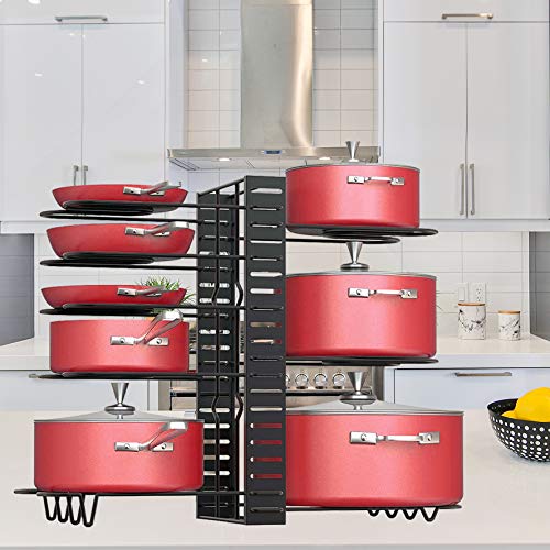 Podxco Pot and Pan Organizer for Under Cabinet, 8 Tiers Adjustable Pan Organizers Inside Cabinet with 3 DIY Methods, Upgrade of Pan Organizer Balance Ability, Kitchen Pan Rack Organizer for Cabinet