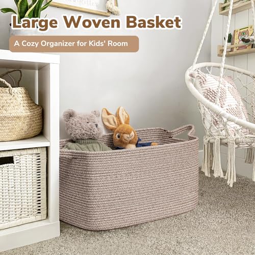 Goodpick Large Woven Storage Basket, 21.6" x 14.9" x 11.8" Blanket Basket for Living Room, Bedroom, Rectangle Rope Storage Organizer for Clothes, Toys, Brown - color: Brown, size: Large(21.6"L x 14.9"W x 11.8"H)