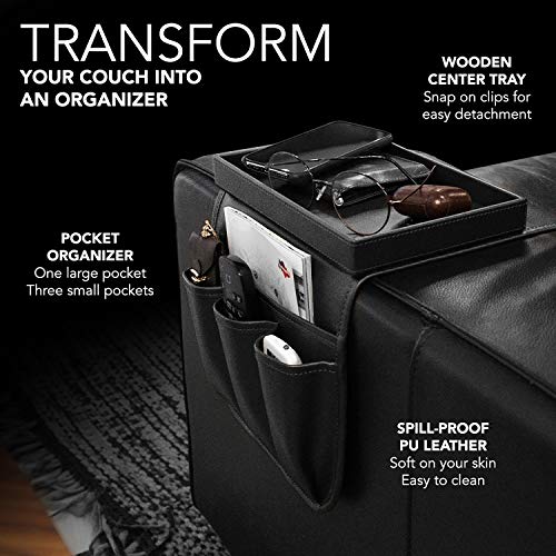 Couch Remote Caddy Control Holder Sofa Organizer with Detachable Wooden Snack Tray for Recliner Mattresses Chair Armrests with 4 Slots - 1 Large Pockets and 3 Small Pockets (Black) - color: Black