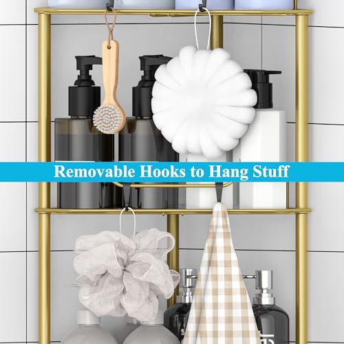 HuggieGems 4 Tier Floor Standing Corner Shower Caddy Organizer Shelf with Hooks, Bathroom Shelves Stand Rack, Gold - color: Gold, size: 4 Tier
