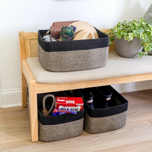 NaturalCozy Storage Baskets 16.8”x13”x7.6” Cotton Rope Woven Baskets for Organizing 3-Pack | Toy Storage Bins | Basket for Shelves, Laundry, Blanket, Clothes, Closet, Kitchen, Bathroom, Gifts - color: Black & Mixed Black
