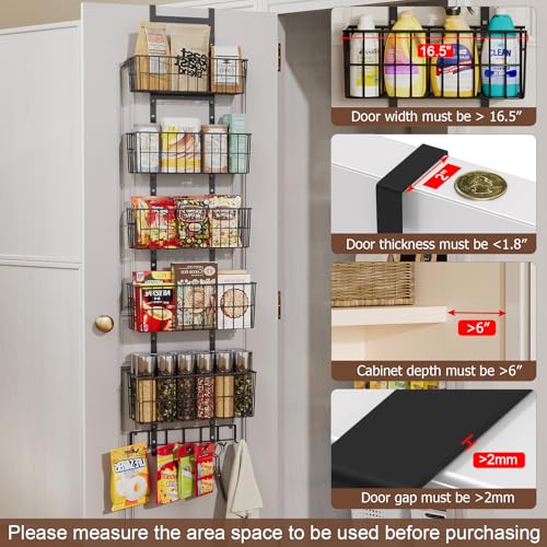 Hongtamoya Adjustable Over the Door Organizer, Metal Hanging Door Organizer with 5 Wire Basket 7 Hooks, Wall Mounted Shelf for Pantry Laundry Organization and Storage, Black - color: Black Wire Basket