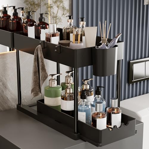 2 Pack Under Sink Organizers and Storage, 2-Tier Sliding Cabinet Organizer Drawer for Bathroom and Kitchen – Multi-Purpose Cabinet Organizer with Easy Pull-Out Design (Black) - color: Black., size: 2 Pack