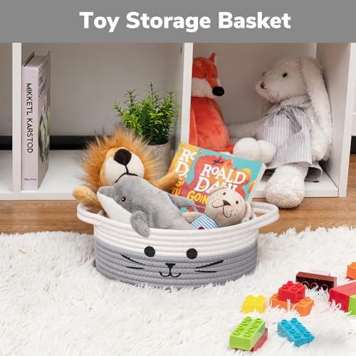 Cute Cat Toy Basket, Gift Baskets Empty for Home Decor, Baby Basket for Baby Shower, Small Cotton Rope Baskets for Pets Toys, White & Grey, 9.8 x 4 inches - color: White & Grey, size: 9.8"W x 4"H