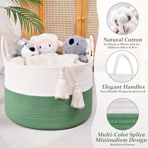 Extra Large Toy Basket, 20"x13" Kids Toy Storage for Playroom Classroom Nursery, Woven Rope Blanket Basket with Handles, Stuffed Animal Organizer & Dog Toys Basket, Green - color: Green - Wide