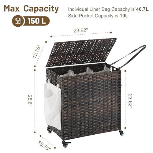 Laundry Hamper with Wheels, 39.6 Gallon(150L) Rolling Laundry Basket with Lid, 3-Section Rattan Clothes Hamper with 3 Removable Liner & 3 Mesh Bags, Laundry Sorter with Side Pocket, Brown - color: Brown, size: 150L（23.62 x 15.75 x 25.6 Inches）