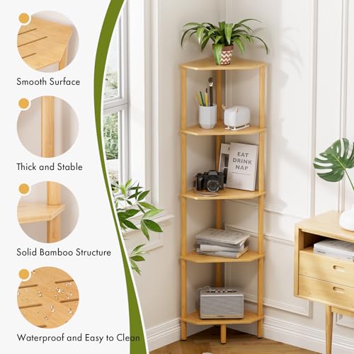 Corner Shelf, 5 Tier Bamboo Corner Bookshelf, 54" Tall Narrow Bookcase, Plant Stand, Corner Display Rack, Shower Caddy, Display Standing Shelf Organizer for Bedroom, Living Room, Kitchen, Home Office - size: 5 Tier