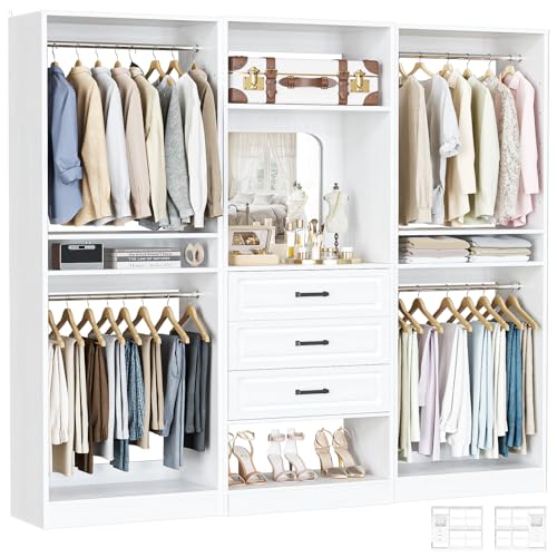 Unikito 75" Modular Closet Organizer System with Mirror & Drawers, 3-in-1 Freestanding Wardrobe Tower with Adjustable Shelves & Hanging Rods, Heavy-Duty Bedroom Storage for Walk-in Closets, White - color: White, size: 75 Inch