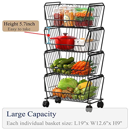 PUSDON 4-Tier Large Stackable Wire Storage Baskets with Wheels, Metal Rolling Utility Cart Organizer, Produce Basket for Kitchen Pantry, Floor Shelf, Matte Black - color: Matte Black, size: 4 Tier Plus