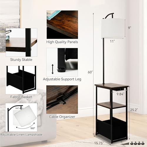 Floor Lamp with Table, Narrow Side Table with Fabric Basket, USB-A/USB-C Charging Station and AC Port, 3 Color Temperatures 12W LED Bulb, End Table for Bedroom, Living Room and Home Office, Brown - color: Brown