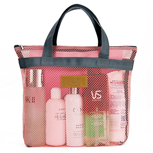 TOPASION Mesh Shower Caddy Bag Portable Hanging Toiletry and Bath Organizer with Zipper for Travel, Gym, Camping, College Dorms, Beach - color: Pink