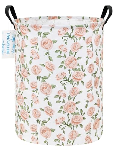 LANGYASHAN Laundry Basket Canvas Fabric Collapsible Organizer Basket for Storage Bin Toy Bins Gift Baskets Bedroom Clothes Children Nursery Hamper (Rose) - color: Round Champagne Rose