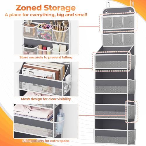 SpaceHacks 6-Tier Over the Door Organizer with Mesh Pockets, Baby Nursery Storage for Closet, Bathroom and Bedroom, Adjustable Hanging Closet Organizer for Cosmetics, Books and Essentials (Dark Grey) - color: Dark Grey, size: 6-Tier