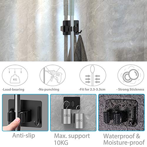 homeasy Mop Broom Holder No Drill, Mop Broom Organizer Wall Mounted Heavy Duty with Hooks Hanger, Self Adhesive Stainless Steel 4Pcs for Bathroom, Kitchen, Office (Black) - color: Black