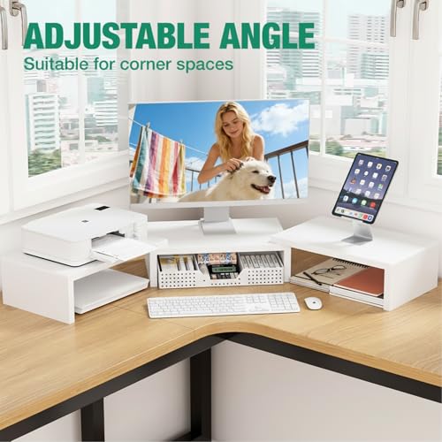 OPNICE Desk Organizer, Dual Computer Monitor Stand Riser with Drawer, Office Desk Accessories & Workspace Organizers, White - color: White