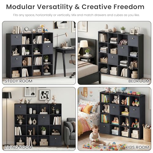 Black Cube Storage Organizer, 16 Open Cubes Bookshelf with 3 Storage Drawers, Freestanding Book Case Set for Living Room Bedroom, Wooden Cuby Shelves Bundle with Wood Grain Finish, 2PCS - color: Black, size: 16 Cube (2PC)
