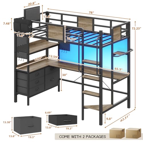 Dnxao Twin Loft Bed with Desk and 5 Storage Drawers,Loft Bed Twin Size with LED Lights and Charging Station, Metal Bunk Bed Frame with Ladder, Clothes Rail,Noise Free,Oak Gray - color: Oak Gray, size: Twin loft bed with 5 drawer
