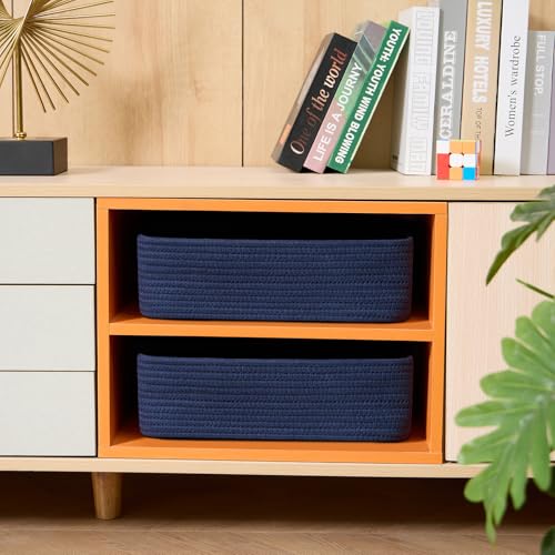 MiniArk Large Shallow Organizing Baskets 15x11x5.1 Inches - Rope Woven Storage Bins for Bathroom, Shelves, Cube Closet, Navy Blue 2 Packs - color: Navy Blue, size: 2pcs-L15×W11×H5.1"