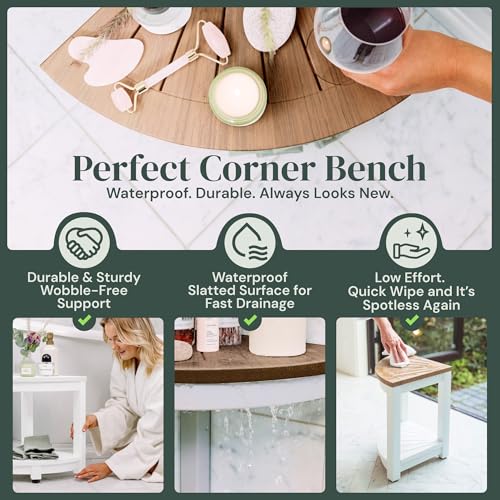 ROHKEX Waterproof Corner Shower Stool - Pack of 1, White & Brown - Stable Shaving Stool for Legs - Easy Assembly Plastic Shower Bench Seat - Non-Slip Feet, Gifts Idea for Home, Corner Bench Seat - color: White & Brown