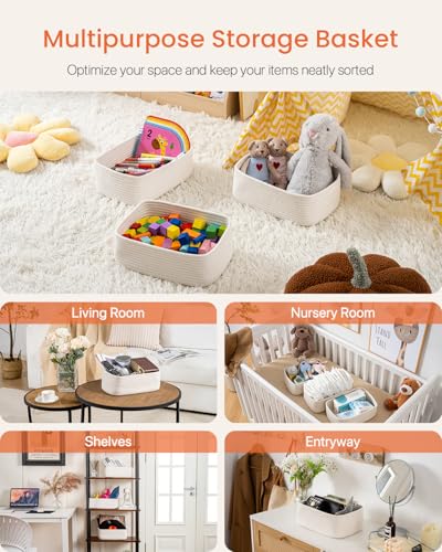 KALLAX Small Woven Basket, 12 x 8 x 4.5 Inches, Storage Basket for Organizing, Cute Small Rope Shelf Closet Cube Storage Bins Baskets for Shelves, Dog Toy Gift Baskets Empty, 3 Packs, Off White - color: Off White, size: 12"L x 8"W x 4.5"H