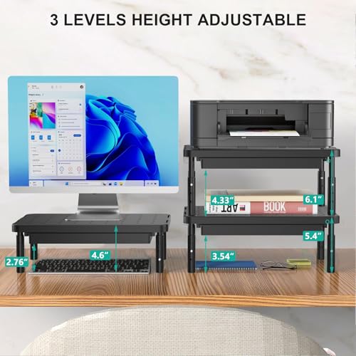 WALI Computer Monitor Stand with Storage, Desk Monitor Riser 3 Height Adjustable, Laptop Riser with Airflow Vents, Desk Organizer for Computer, Laptop, Printer (PTT002-B), 1 Pack, Black - color: Matte Black, size: with Drawer