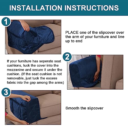 Velvet Quilted Armrest Covers - Water-Resistant Sofa Arm Protectors Set of 2 with Side Pocket Organizer, Non-Slip Furniture Covers for Chairs & Couches (Navy) - color: Navy
